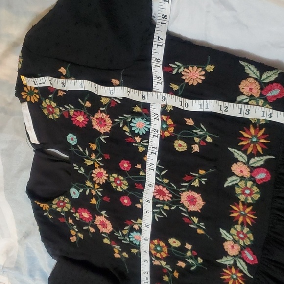 ZARA Floral Embroidered Black Sheer Swiss Dot Long Sleeve Boho Mini Dress S - Picture 9 of 9
